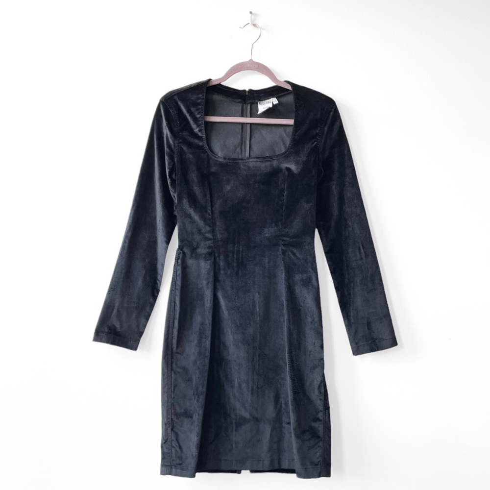 Moschino Vintage 90’s Black Velvet Long Sleeve Square Neck Mini Dress